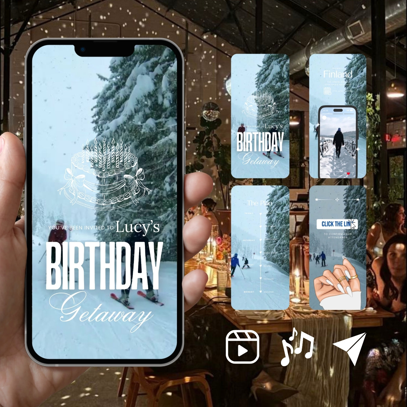 Customizable Adult Birthday Video Template: Winter Getaway, E-Invite (Digital Download) Simply Edit, Build Hype