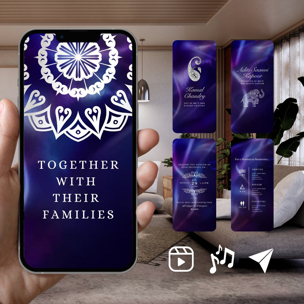 Smartphone displaying Customisable Indian Wedding Invitation Video Template: Blue & White