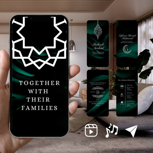 Smartphone displaying Customisable Islamic Wedding Invitation Video Template: Green & White