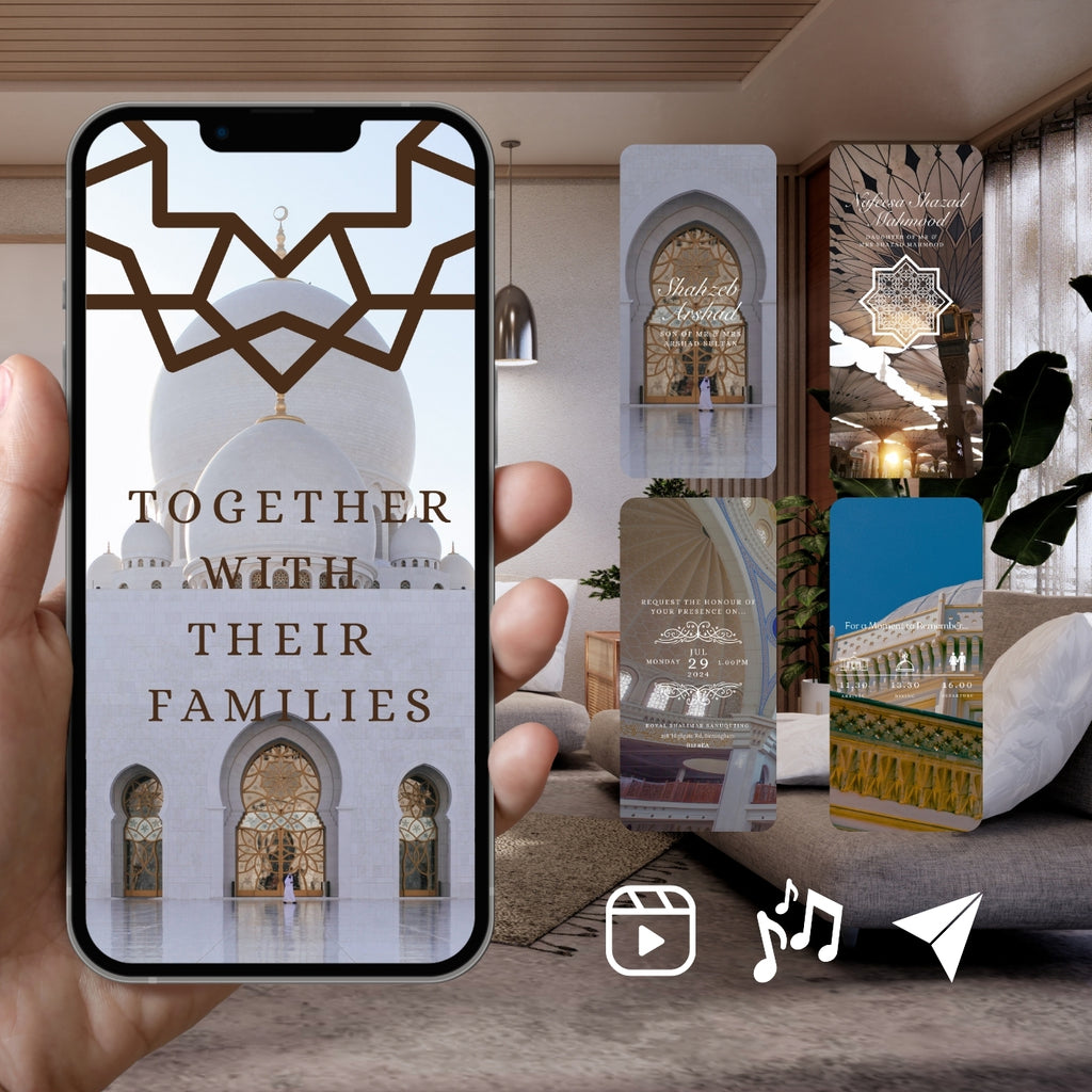 Smartphone displaying Customizable Arab Wedding Invitation Video: White Masjid (Digital e-Invite) Simply Edit