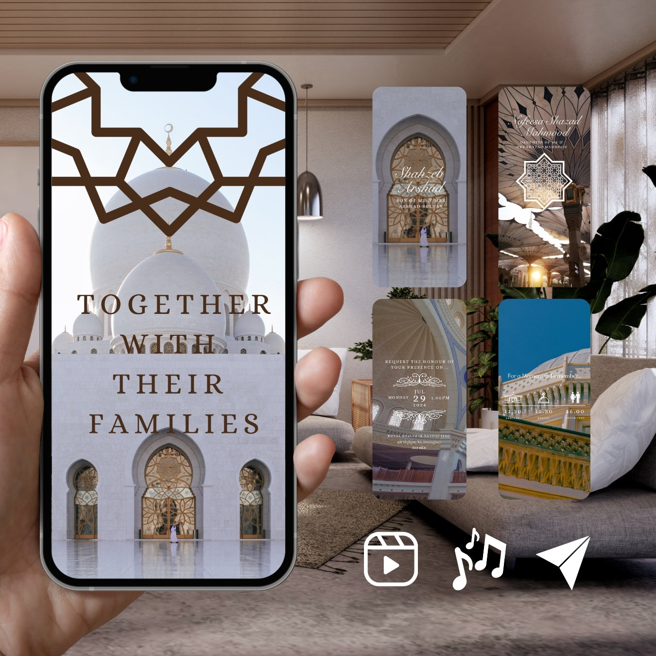 Smartphone displaying Customizable Arab Wedding Invitation Video: White Masjid (Digital e-Invite) Simply Edit