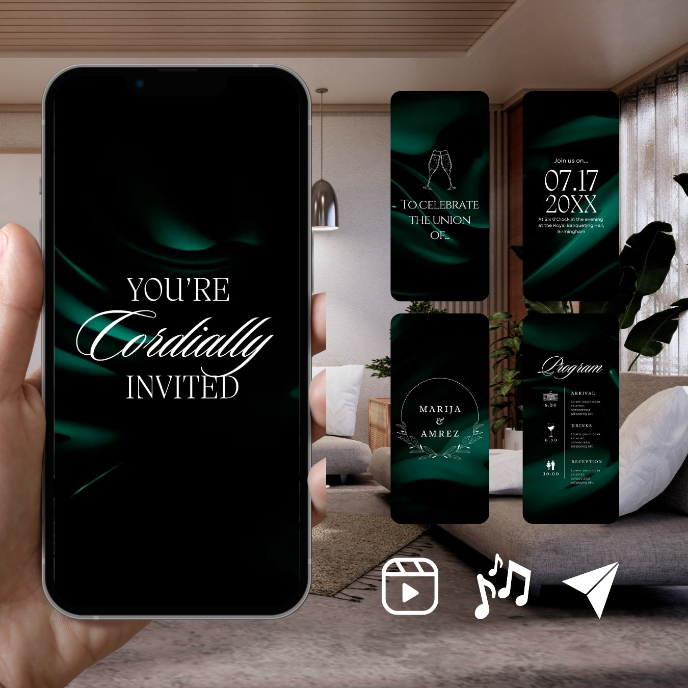 Customizable Western Wedding Invitation Video: Green & White, E-Invite (Digital Download) Simply Edit, Impress Family