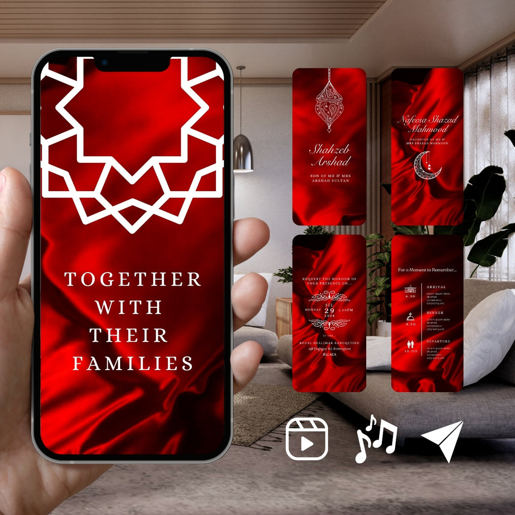 Smartphone displaying Customisable Islamic Wedding Invitation Video Template: Red & White