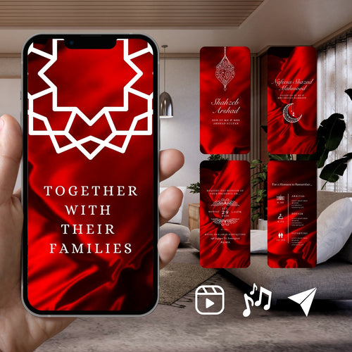 Smartphone displaying Customisable Islamic Wedding Invitation Video Template: Red & White