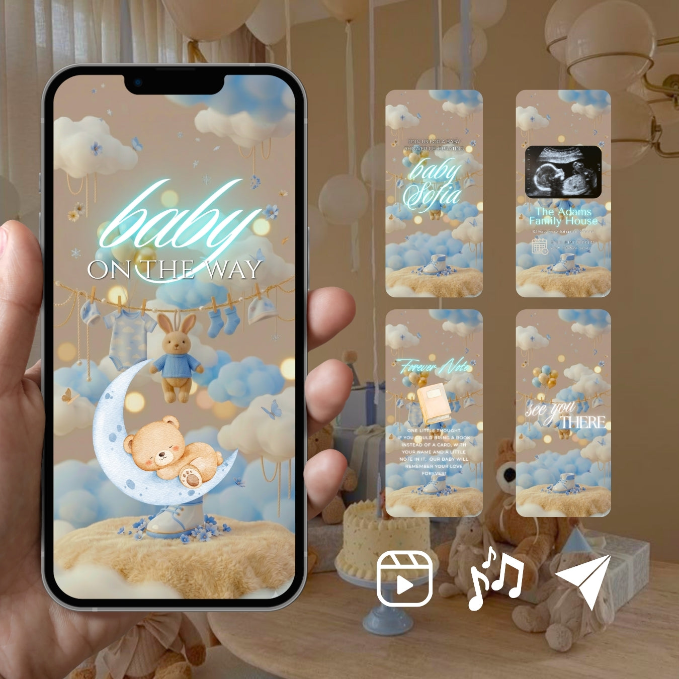 Customizable Baby Shower Video Template: Blue Line, E-Invite (Digital Download) Simply Edit, Sleek Minimalist