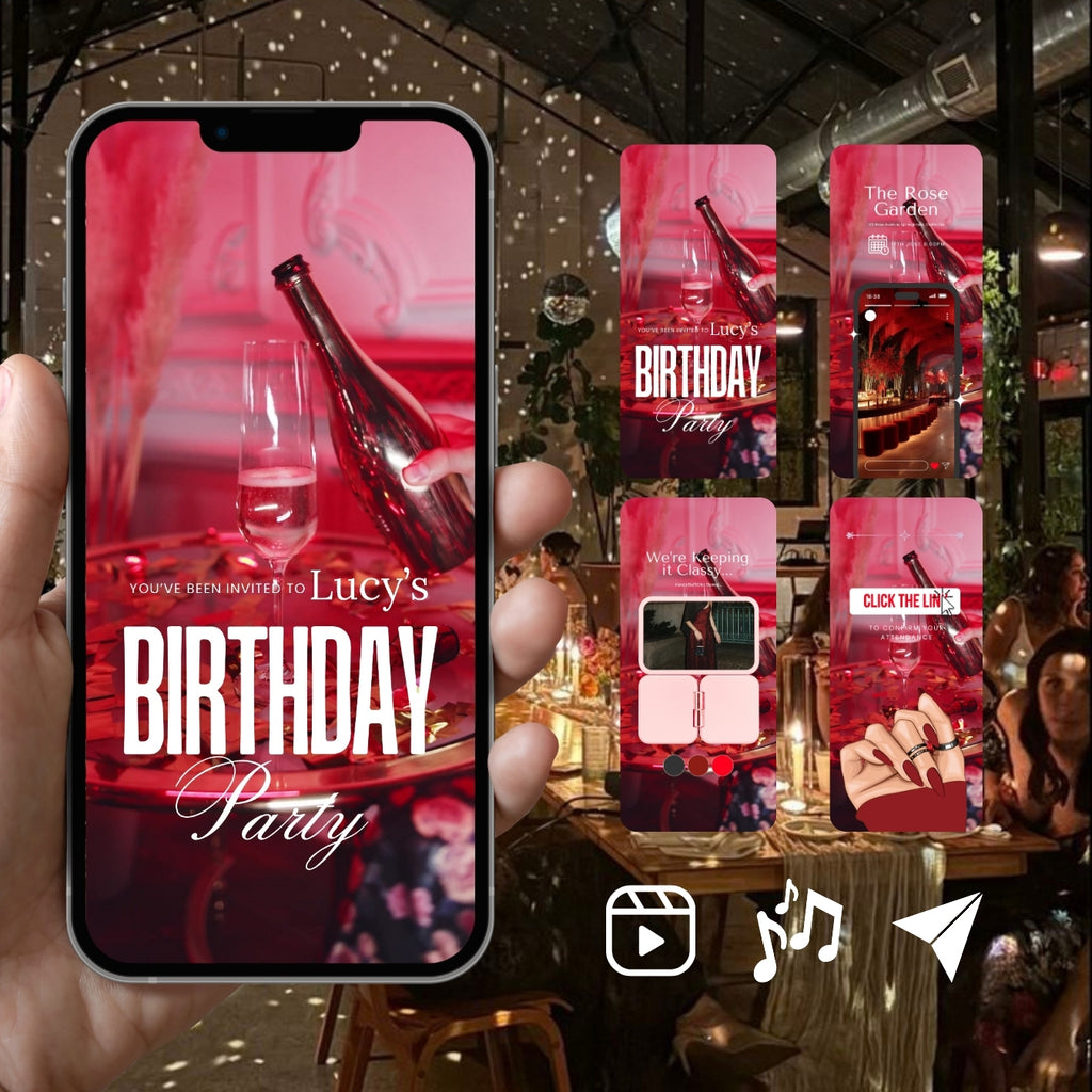 Customizable Adult Birthday Video Template: Wine Roses, E-Invite (Digital Download) Simply Edit, Pure Luxury