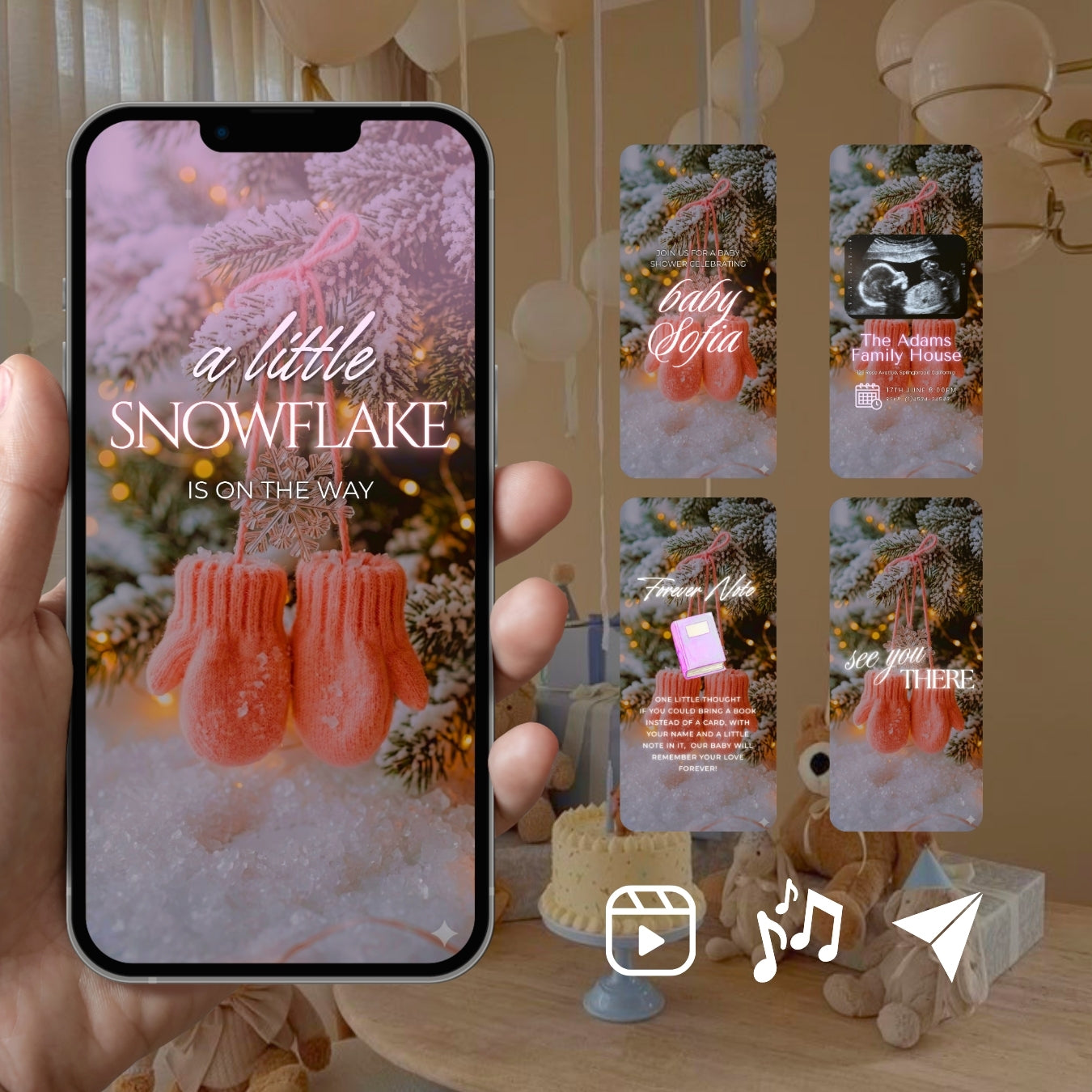 Customizable Baby Shower Video Template: Little Snowflake Girl, E-Invite (Digital Download) Simply Edit, Welcome Girl