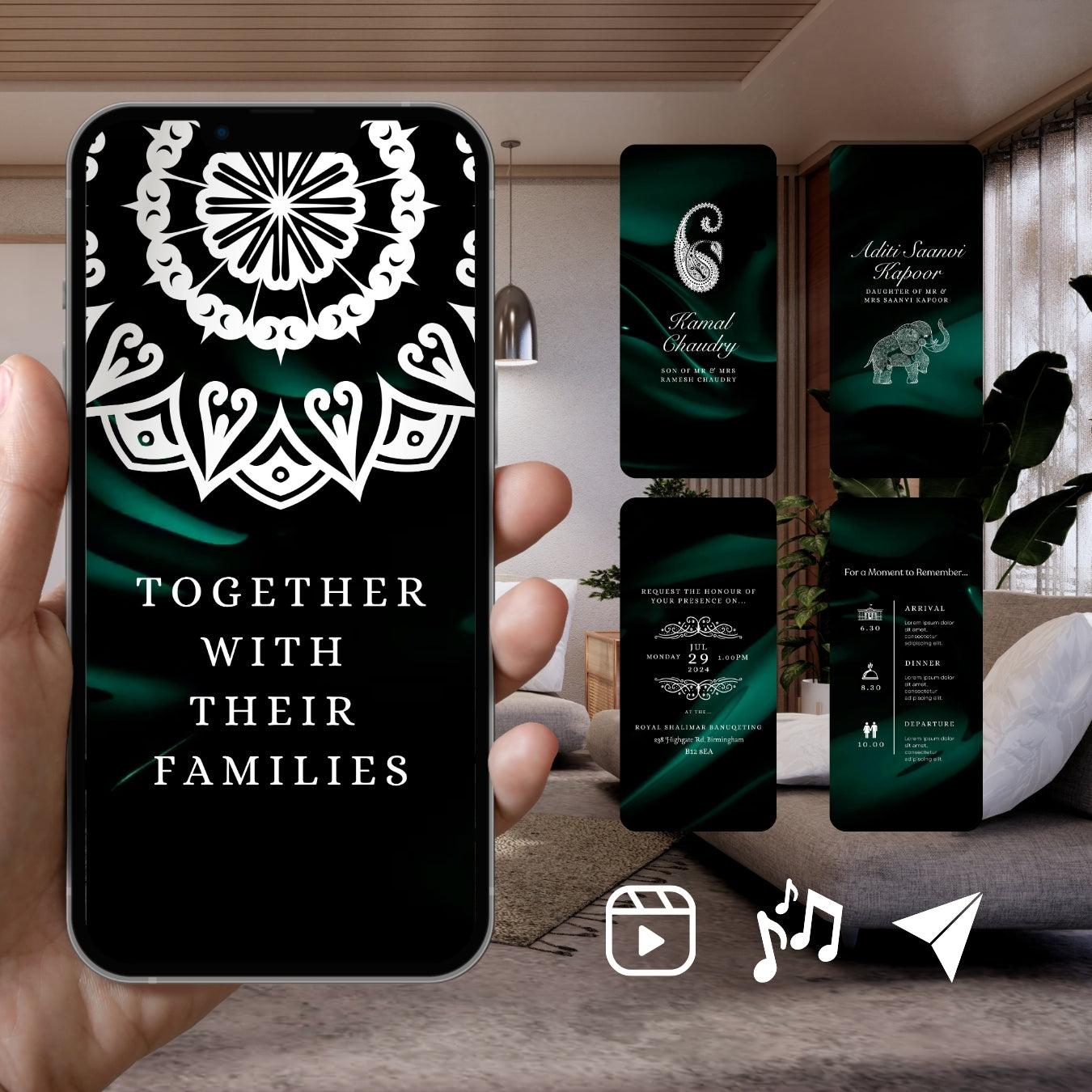 Smartphone displaying Customisable Indian Wedding Invitation Video Template: Green & White