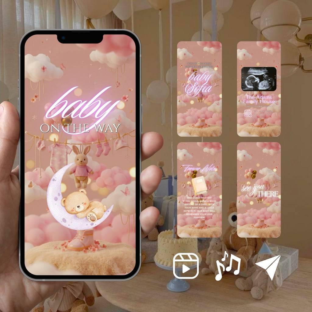 Customizable Baby Shower Video Template: Pink Line, E-Invite (Digital Download) Simply Edit, Sleek Minimalist