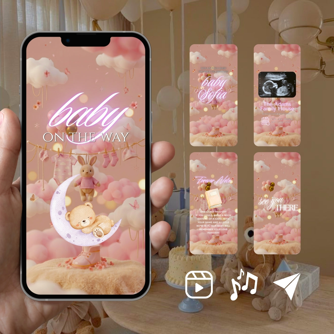 Customizable Baby Shower Video Template: Pink Line, E-Invite (Digital Download) Simply Edit, Sleek Minimalist