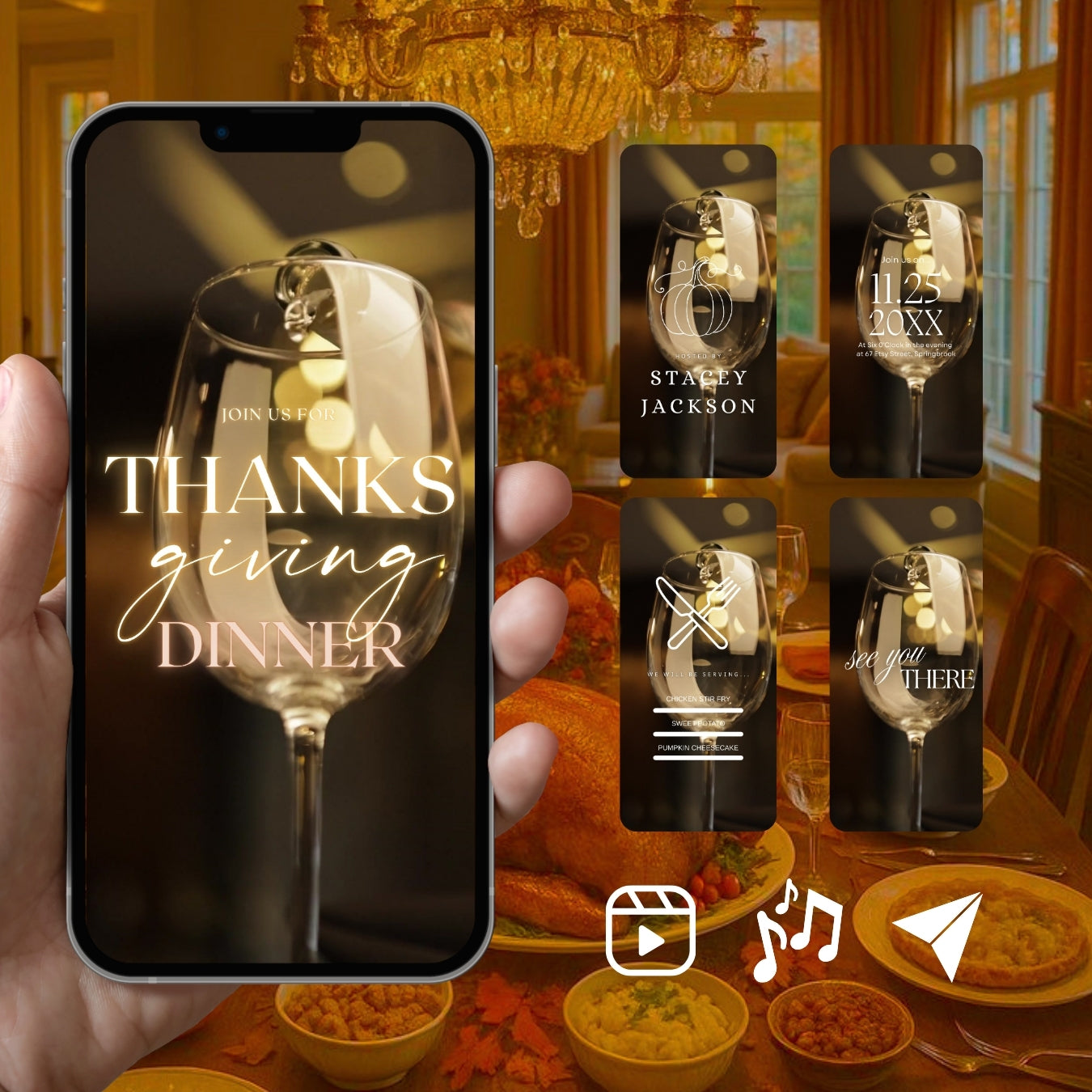 Customizable Thanksgiving Video Template: Wineglass, E-Invite (Digital Download) Simply Edit, Warm Vibes