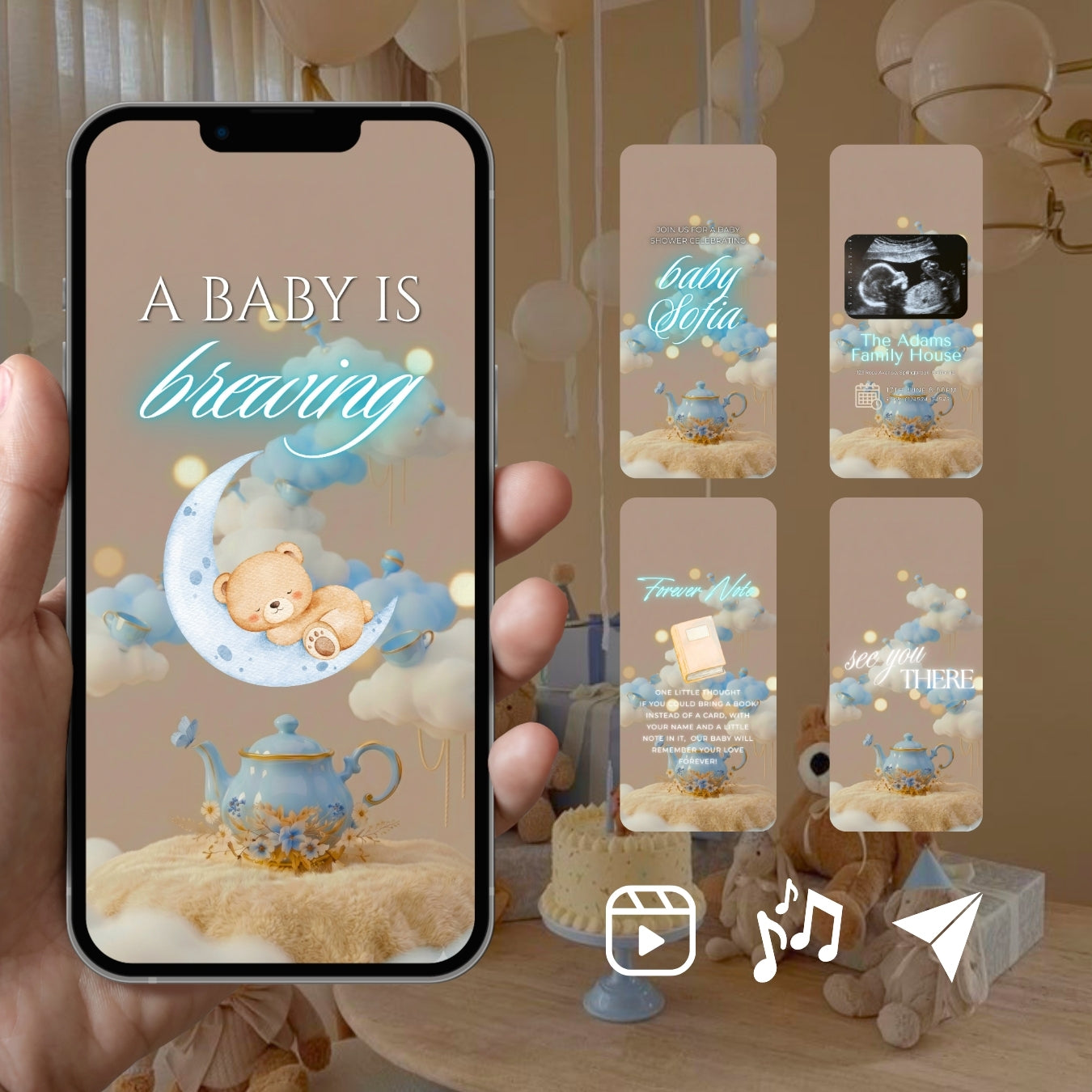 Customizable Baby Shower Video Template: Blue Teapot, E-Invite (Digital Download) Simply Edit, Sweet Charm