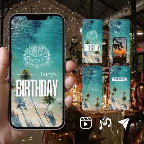 Smartphone displaying Customizable Adult Birthday Video Template: Beach Getaway