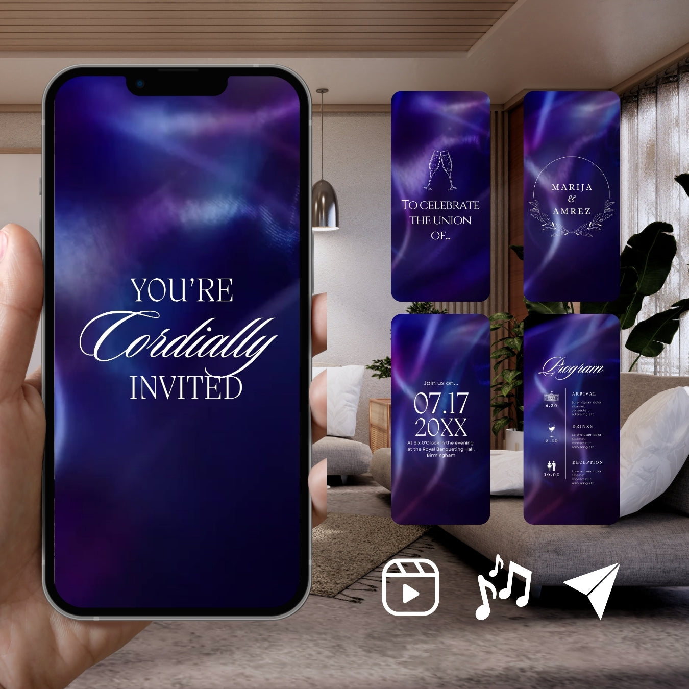 Customizable Western Wedding Invitation Video: Blue & White, E-Invite (Digital Download) Simply Edit, Impress Family