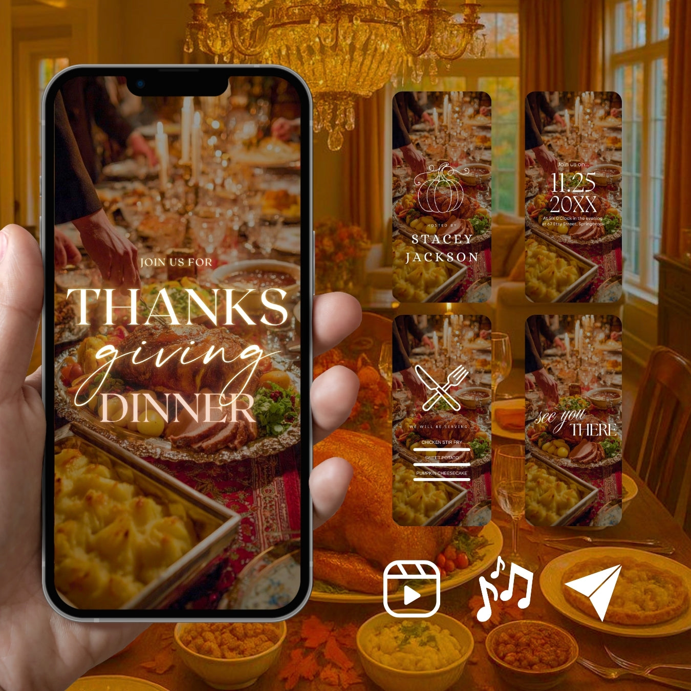 Customizable Thanksgiving Video Template: Feast, E-Invite (Digital Download) Simply Edit, Gather Family