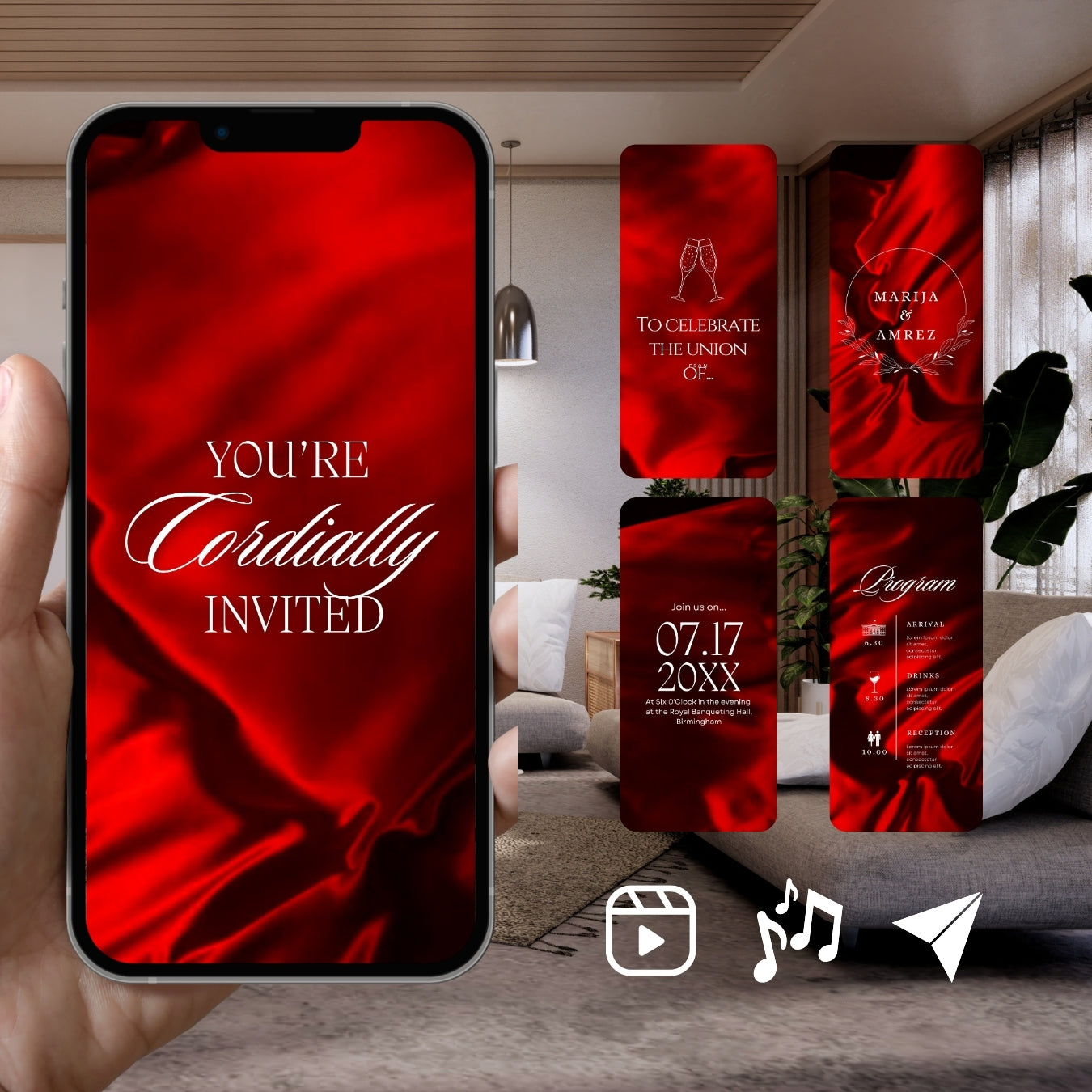 Customizable Western Wedding Invitation Video: Red & White, E-Invite (Digital Download) Simply Edit, Impress Family