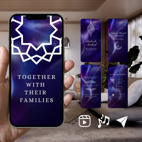 Smartphone displaying Customisable Islamic Wedding Invitation Video Template: Blue & White
