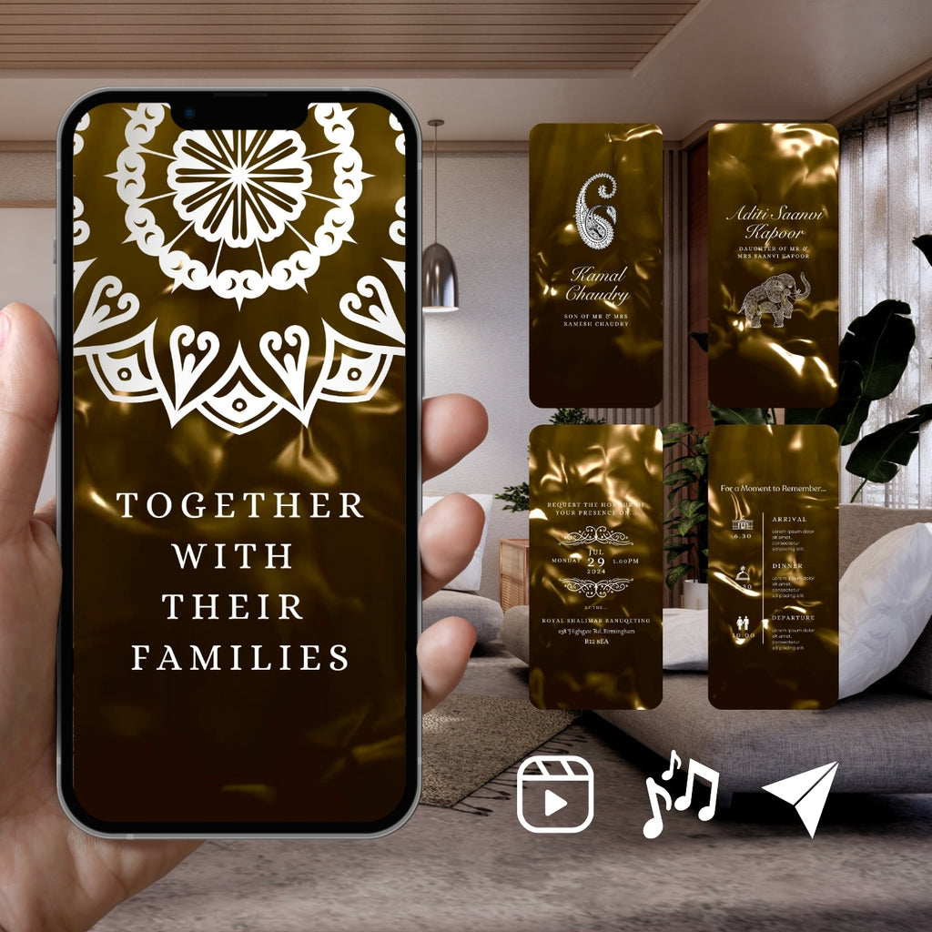 Smartphone displaying Customisable Indian Wedding Invitation Video Template: Gold & White
