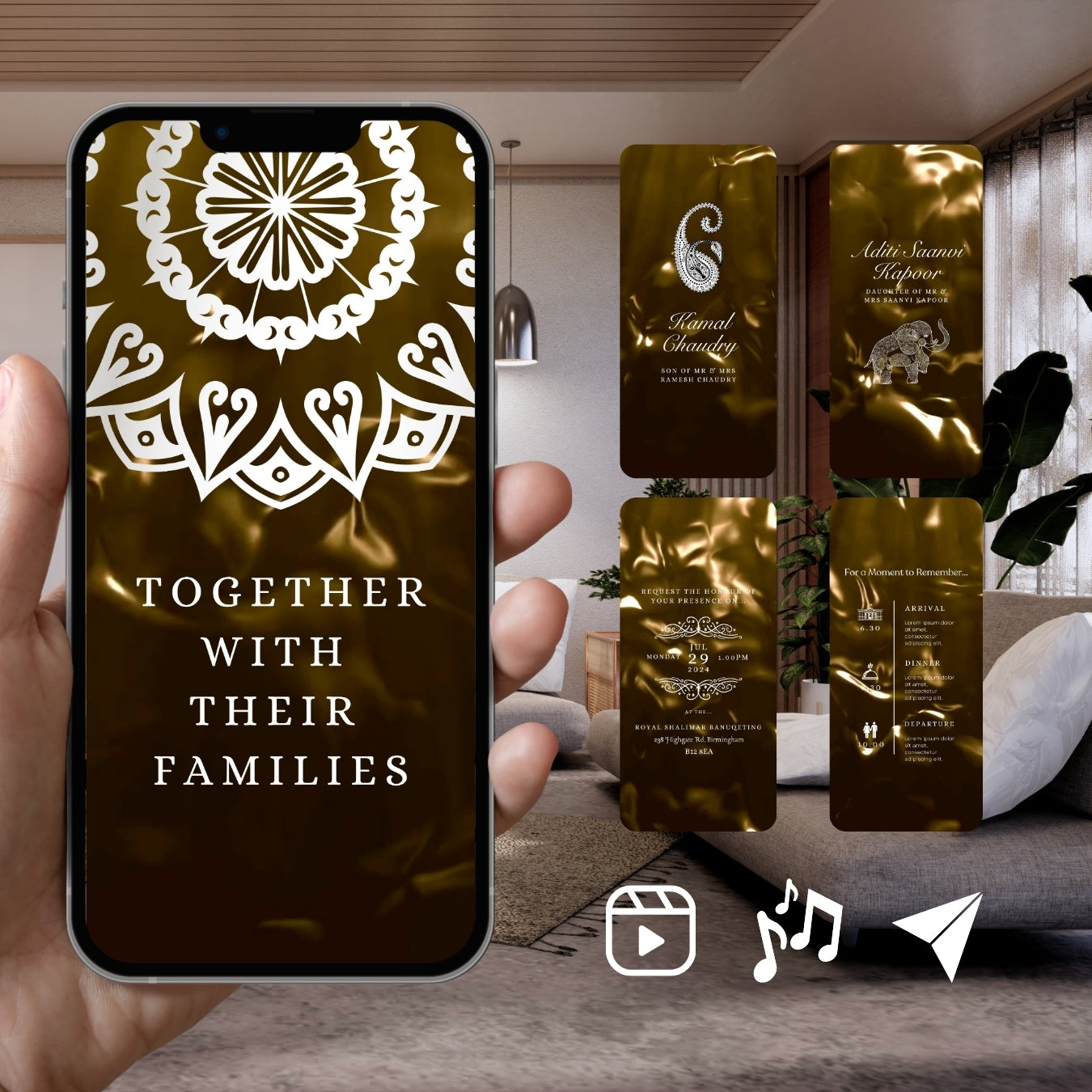 Smartphone displaying Customisable Indian Wedding Invitation Video Template: Gold & White