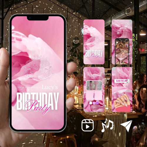 Smartphone displaying Customizable Adult Birthday Video Template: Pink Rosey