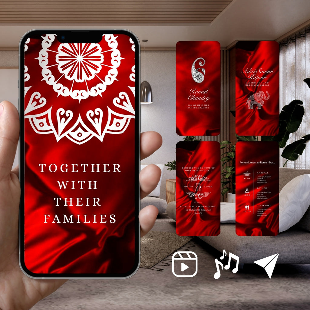 Smartphone displaying Customisable Indian Wedding Invitation Video Template: Red & White