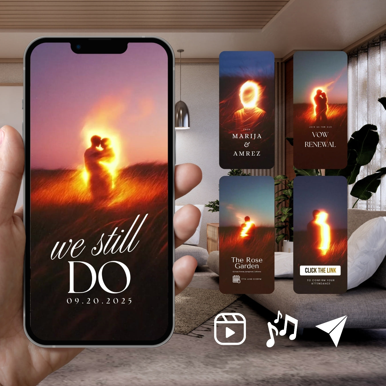 Customizable Vow Renewal Video Template: Fire, E-Invite (Digital Download) Simply Edit, Cozy Vibes