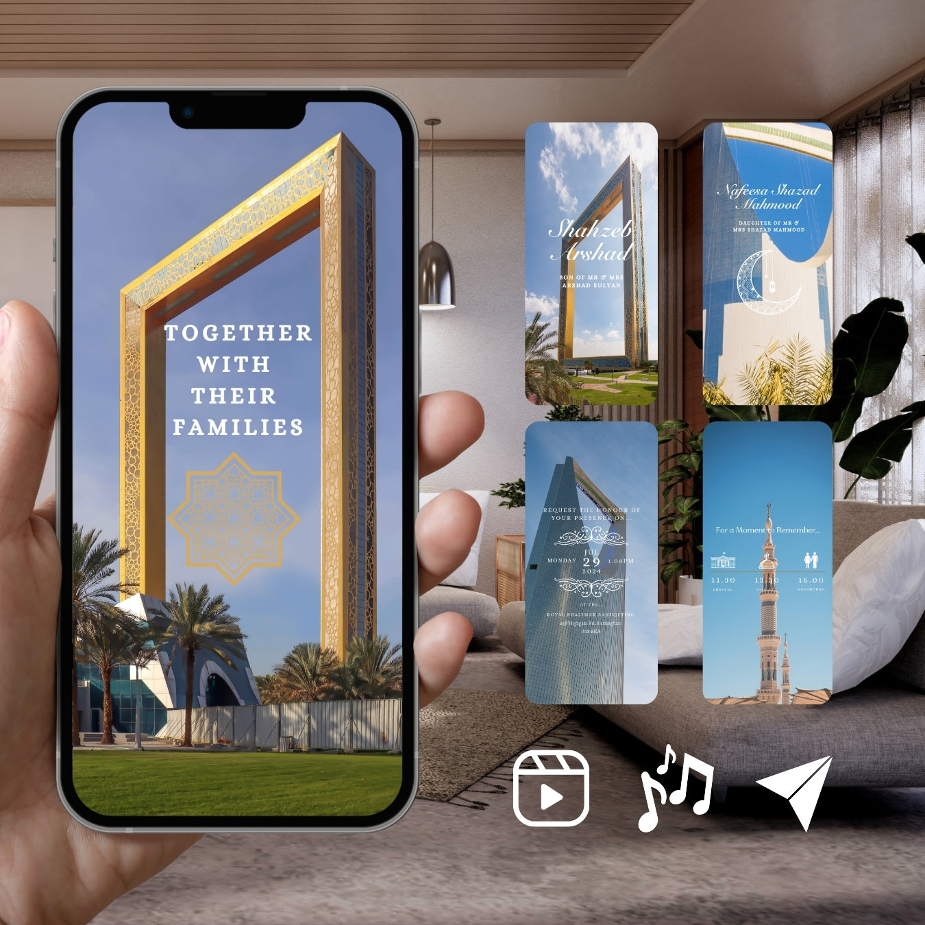 Smartphone displaying Customizable Arab Wedding Invitation Video: Dubai Day (Digital e-Invite) Simply Edit