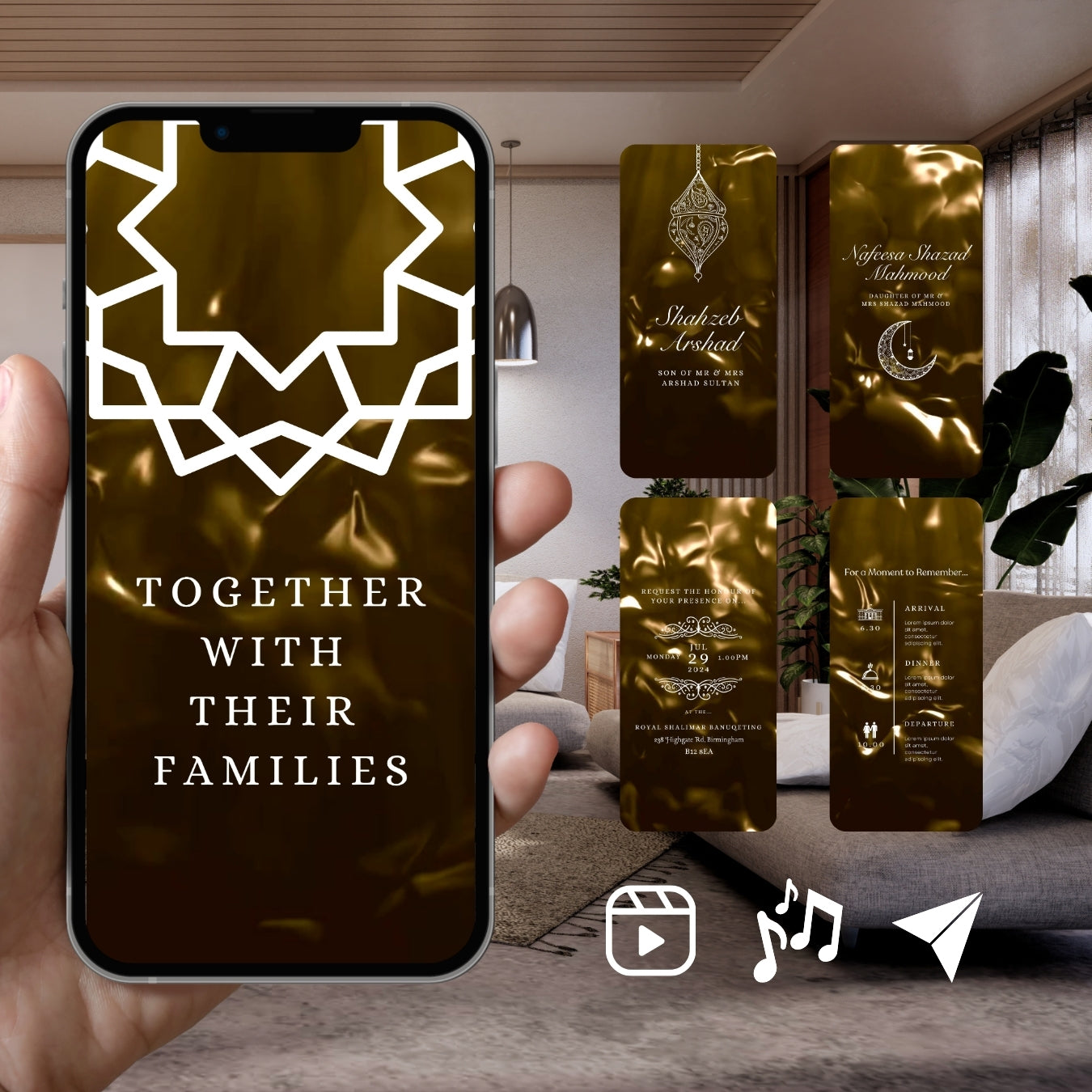 Smartphone displaying Customisable Islamic Wedding Invitation Video Template: Gold & White