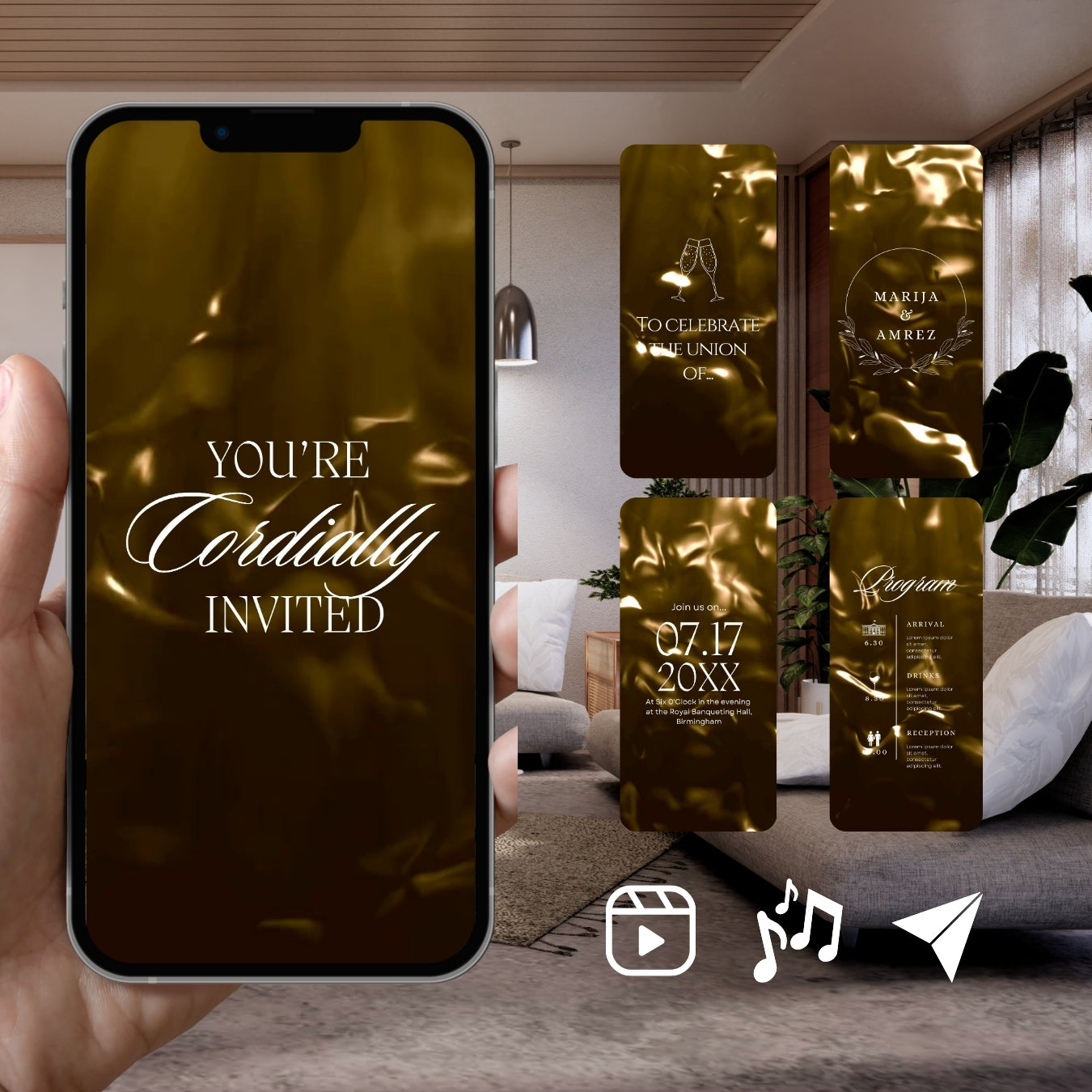 Customizable Western Wedding Invitation Video: Gold & White, E-Invite (Digital Download) Simply Edit, Impress Family