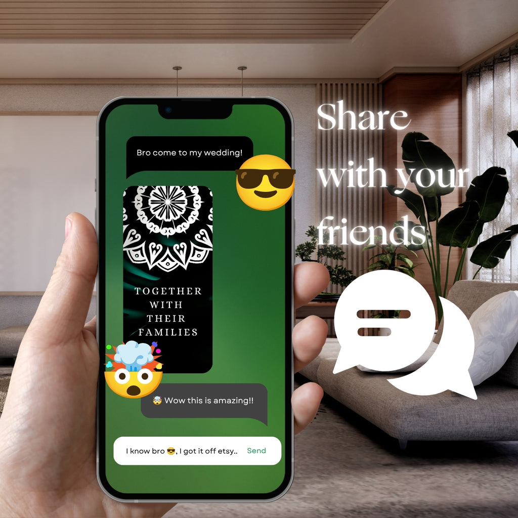 Hand holding smartphone with Customisable Indian Wedding Invitation Video Template: Green & White