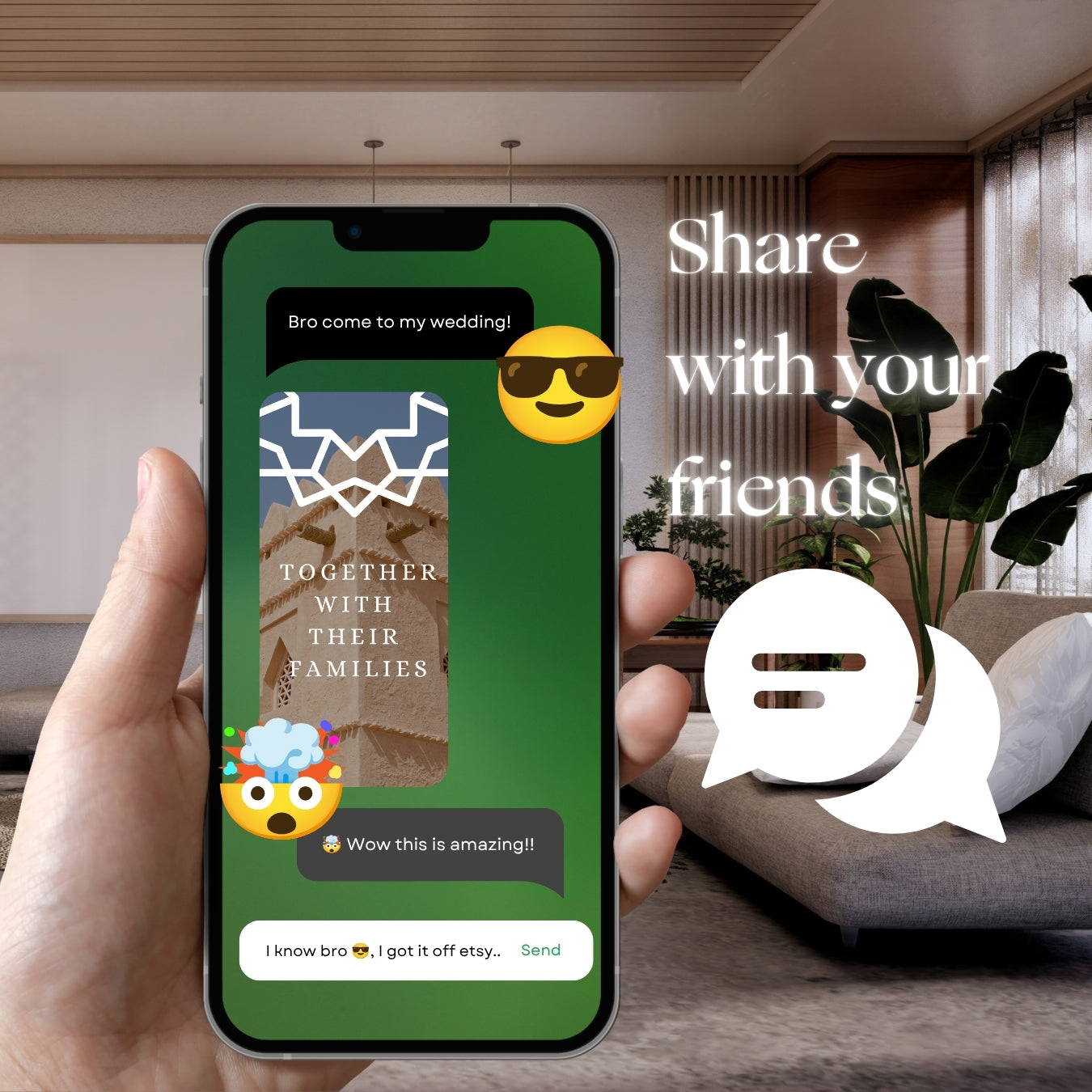 Hand holding smartphone with Customizable Arab Wedding Invitation Video: Ancient Masjid (Digital e-Invite) Simply Edit