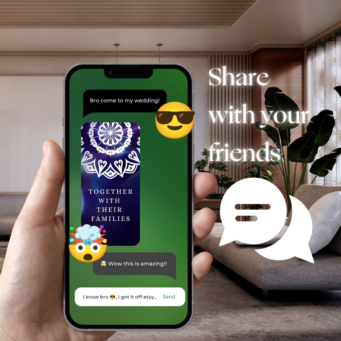 Hand holding smartphone with Customisable Indian Wedding Invitation Video Template: Blue & White