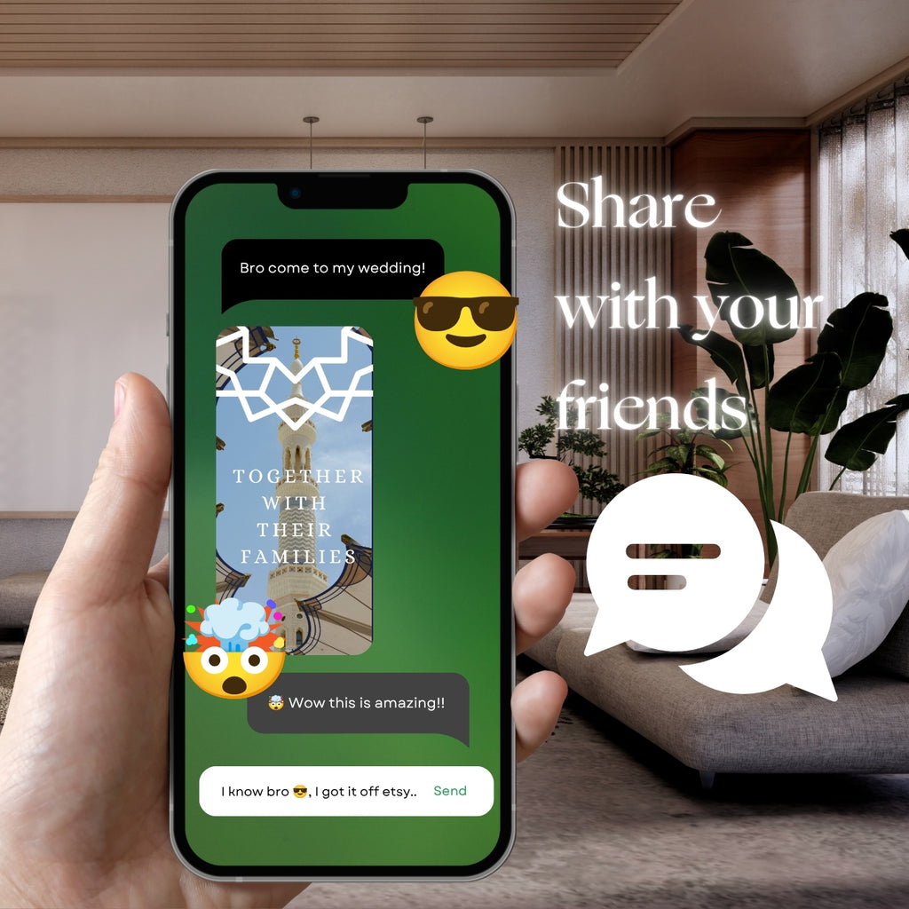 Hand holding smartphone with Customizable Arab Wedding Invitation Video: Holy Lands (Digital e-Invite) Simply Edit