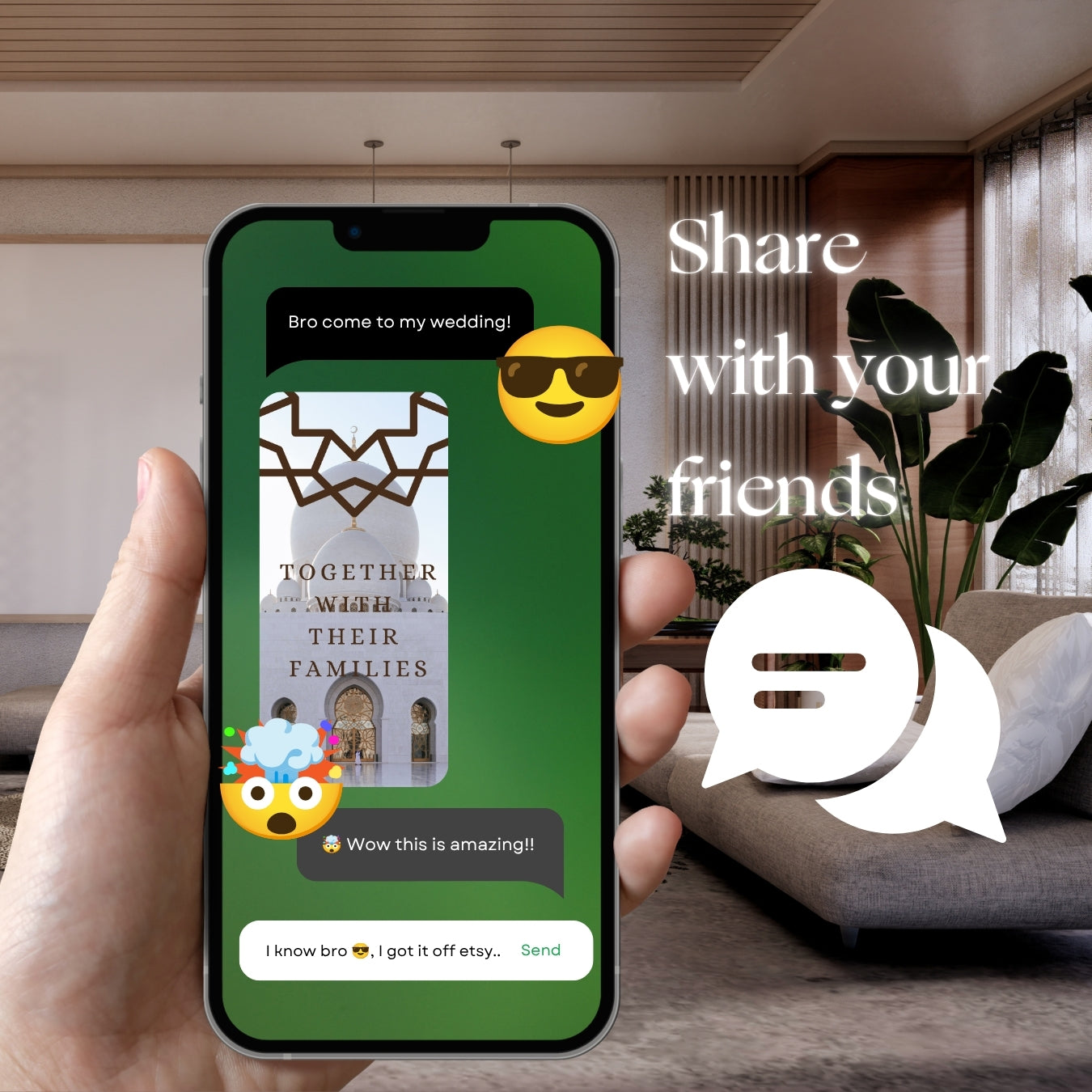 Hand holding smartphone with Customizable Arab Wedding Invitation Video: White Masjid (Digital e-Invite) Simply Edit