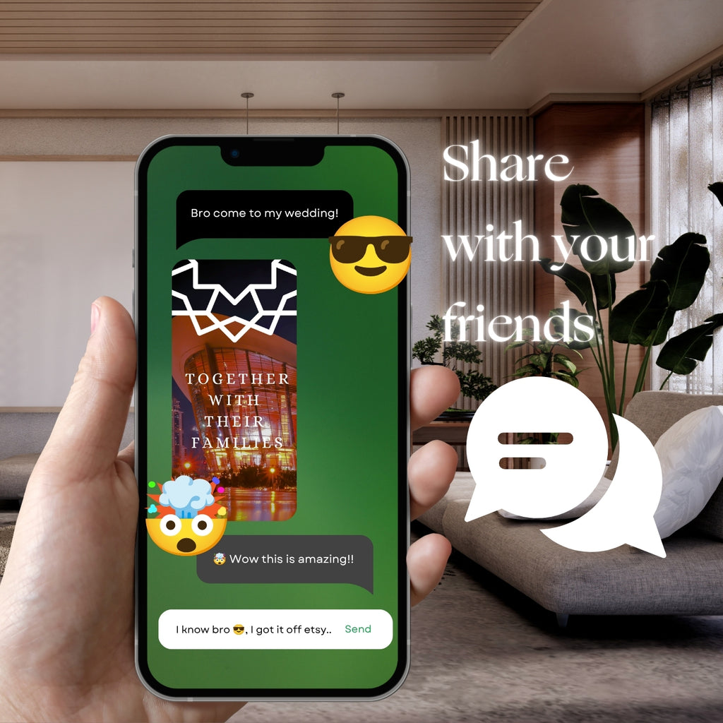 Hand holding smartphone with Customizable Arab Wedding Invitation Video: Dubai Night (Digital e-Invite) Simply Edit