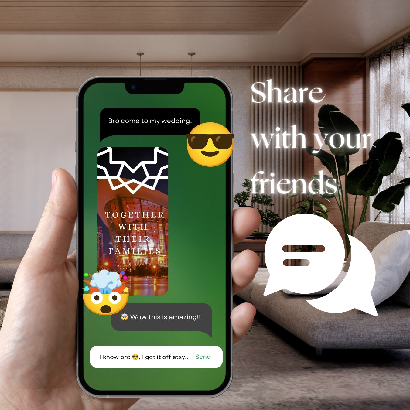 Hand holding smartphone with Customizable Arab Wedding Invitation Video: Dubai Night (Digital e-Invite) Simply Edit