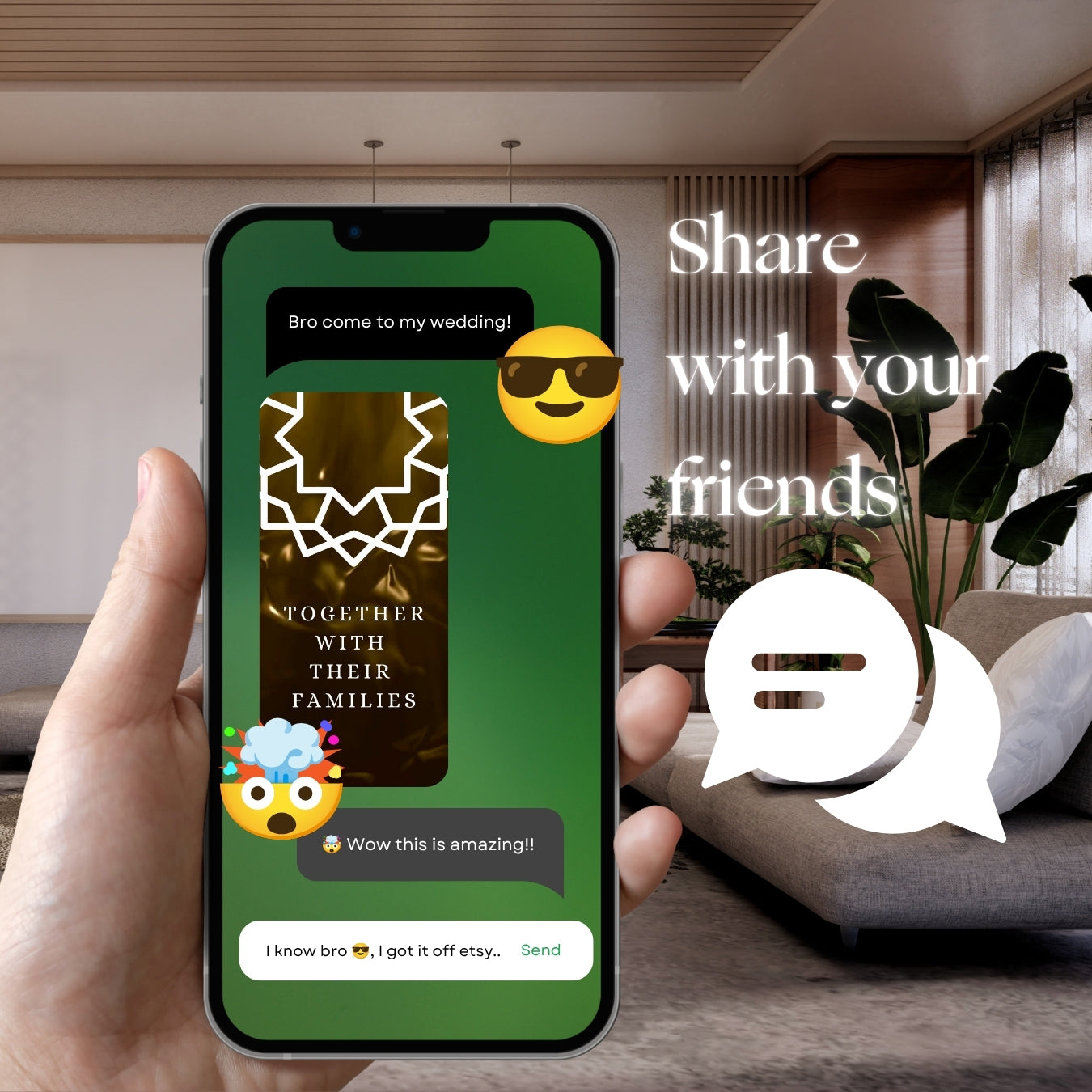 Hand holding smartphone with Customisable Islamic Wedding Invitation Video Template: Gold & White