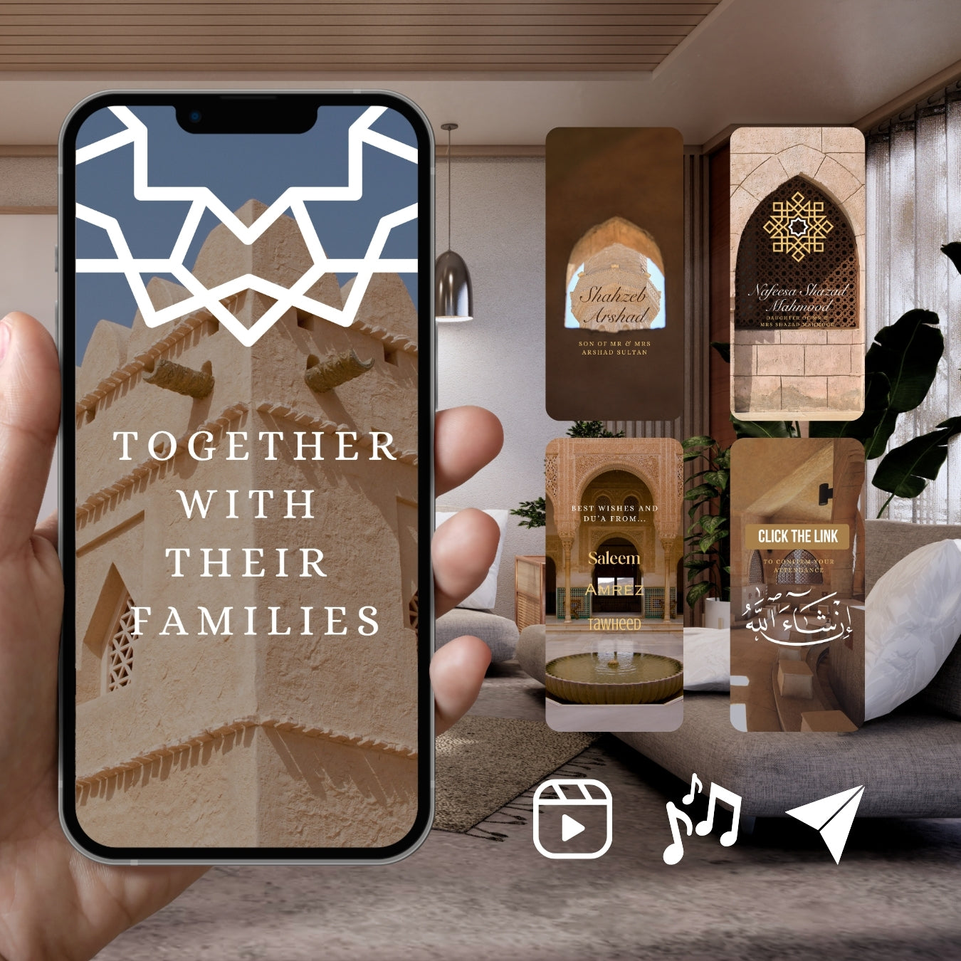 Smartphone displaying Customizable Arab Wedding Invitation Video: Ancient Masjid (Digital e-Invite) Simply Edit