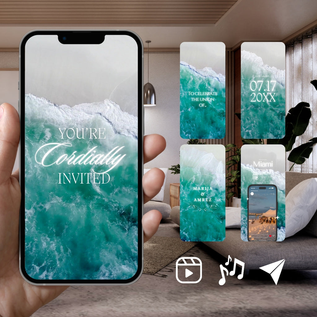 Smartphone displaying Customizable Western Wedding Invitation Video Template: Beach