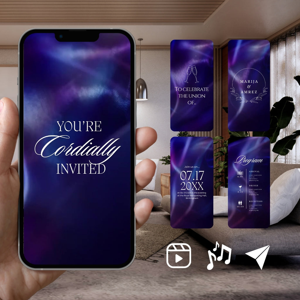 Smartphone displaying Customizable Western Wedding Invitation Video: Blue & White