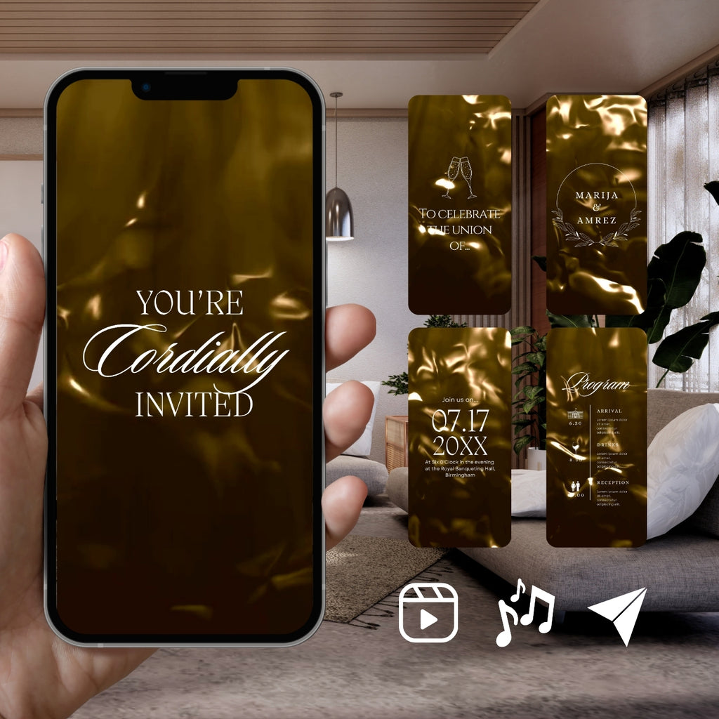 Smartphone displaying Customizable Western Wedding Invitation Video: Gold & White