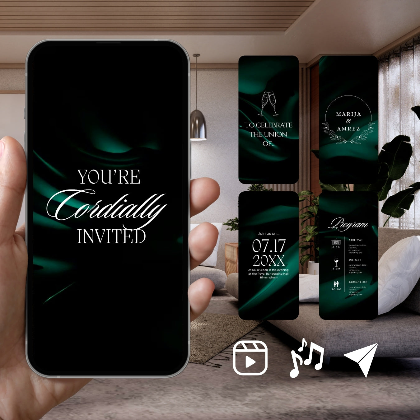 Smartphone displaying Customizable Western Wedding Invitation Video: Green & White