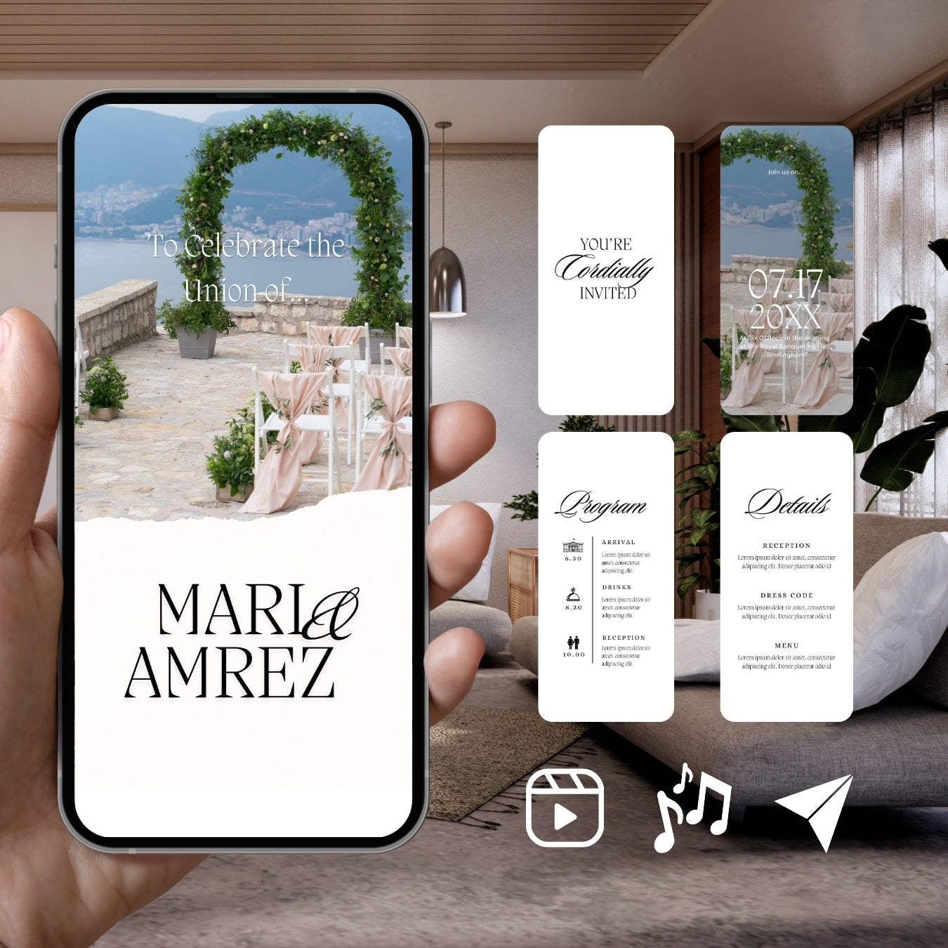 Smartphone displaying Customizable Western Wedding Invitation Video: Outdoor Venue
