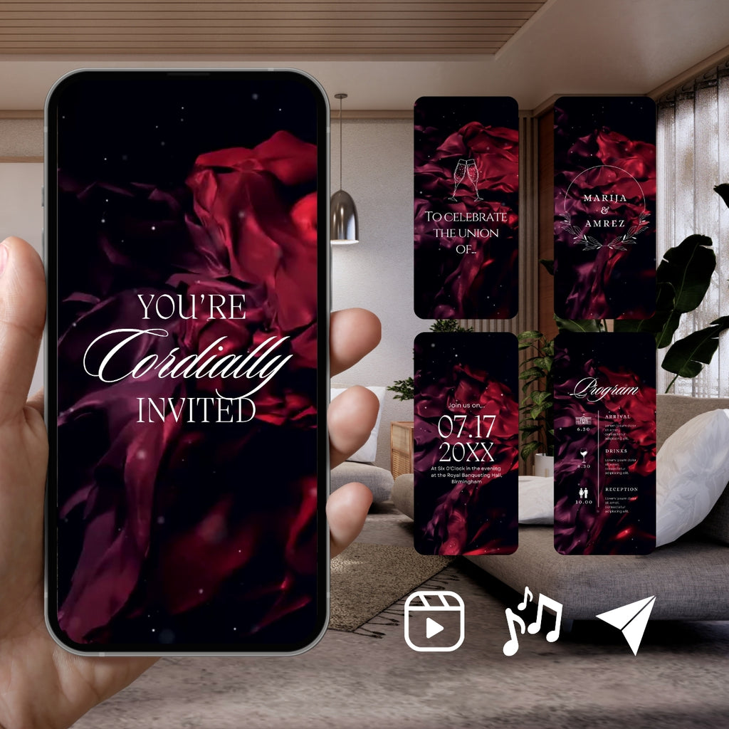 Smartphone displaying Customizable Western Wedding Invitation Video: Purple Sparkles