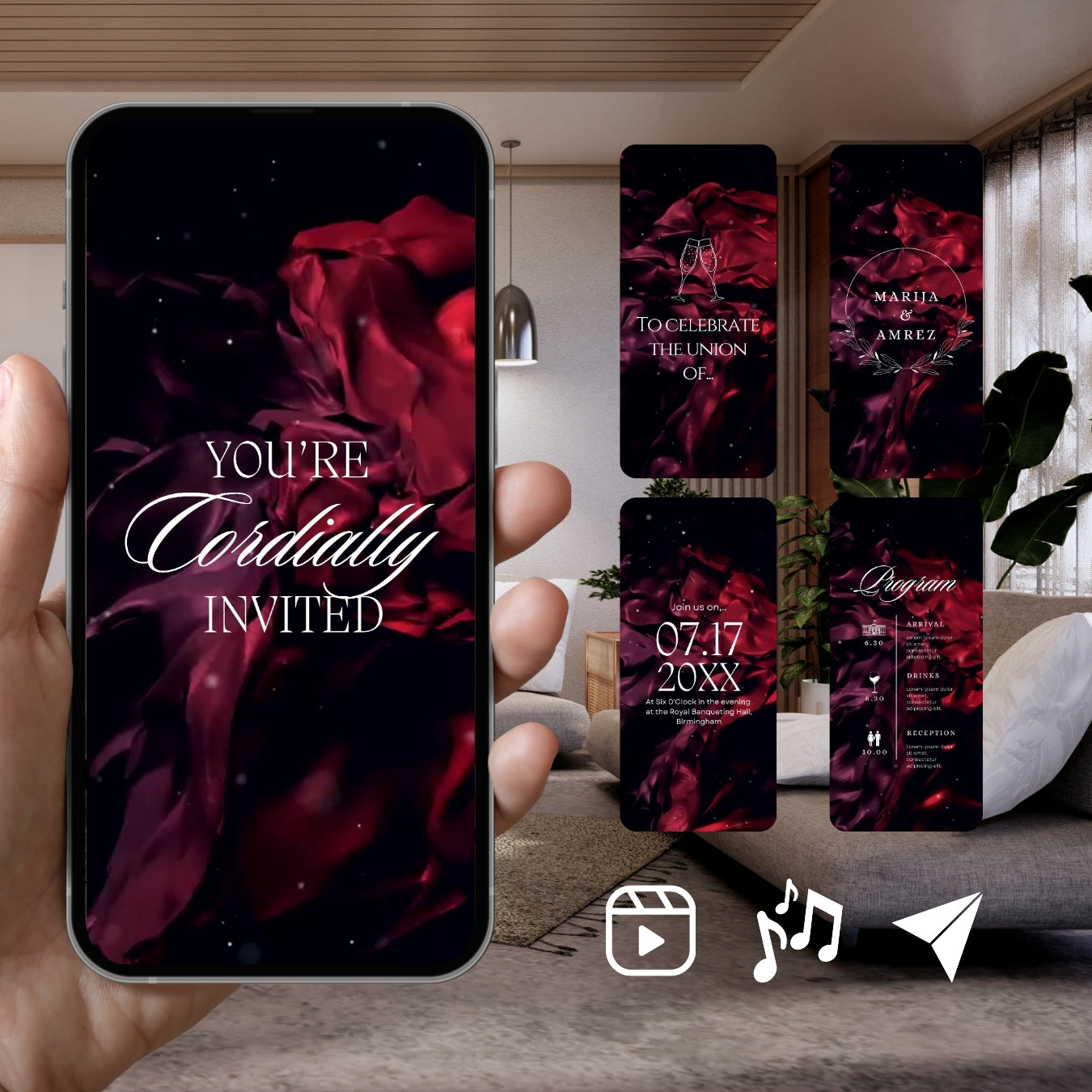 Smartphone displaying Customizable Western Wedding Invitation Video: Purple Sparkles