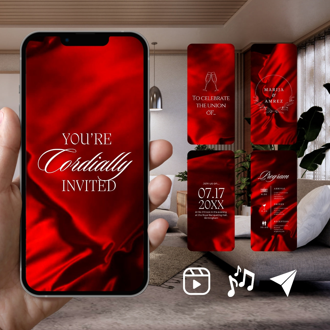 Smartphone displaying Customizable Western Wedding Invitation Video: Red & White