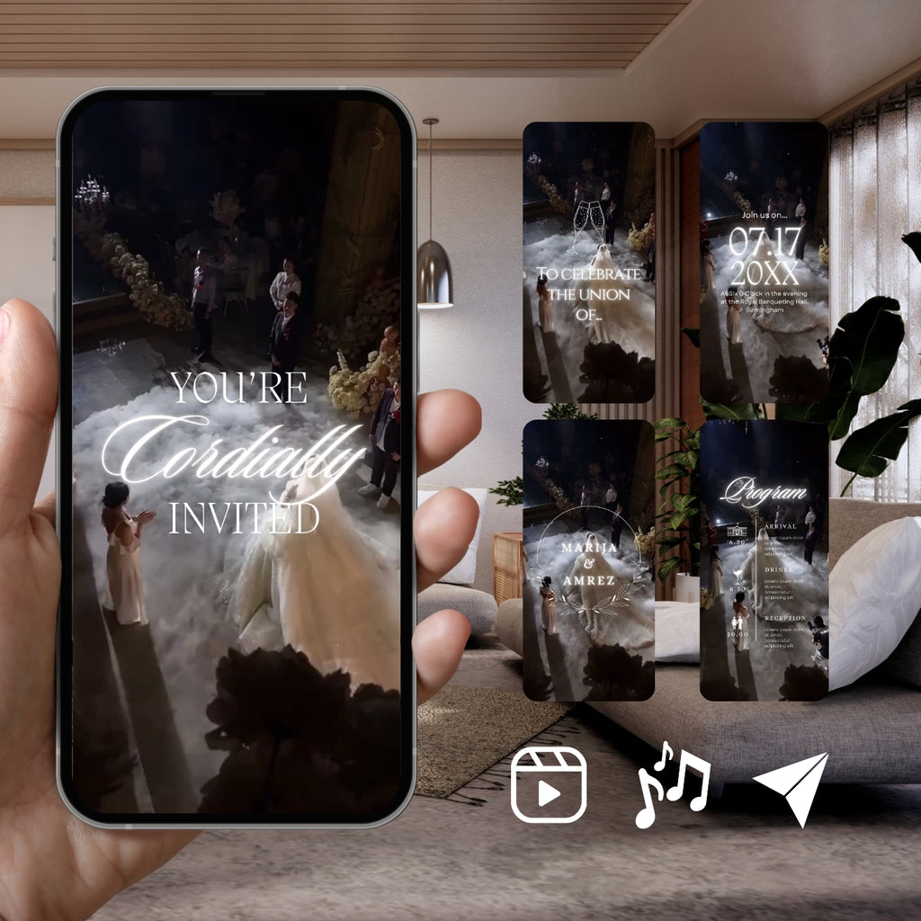 Smartphone displaying Customizable Western Wedding Invitation Video Template: Smokey