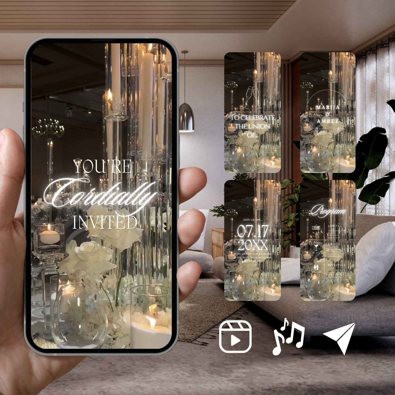 Smartphone displaying Customizable Western Wedding Invitation Video Template: Wedding Hall