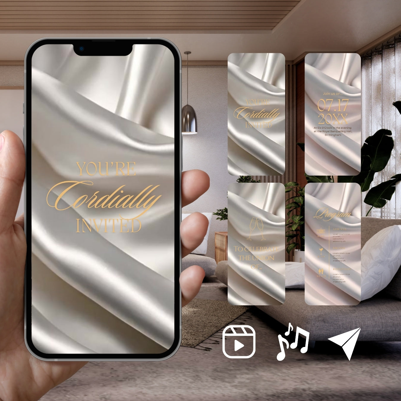 Smartphone displaying Customizable Western Wedding Invitation Video: White & Gold